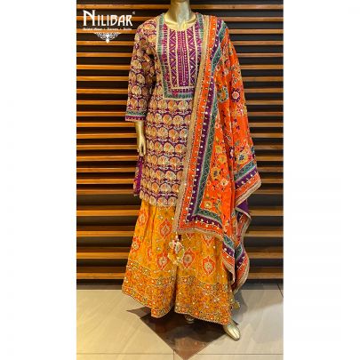 Jam Purple and Mango Yellow Crepe Printed Garara Suit