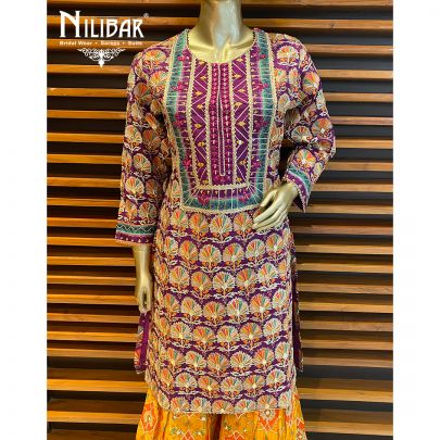 Jam Purple and Mango Yellow Crepe Printed Garara Suit