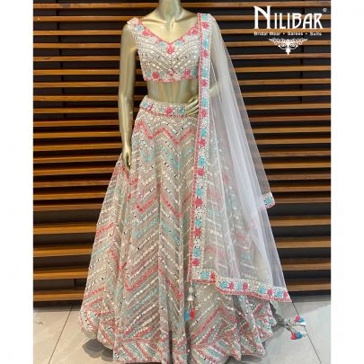 Cream White Net Lehenga