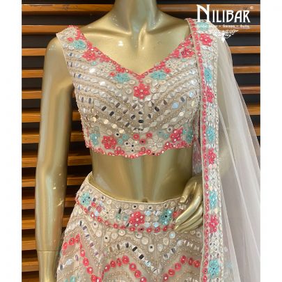 Cream White Net Lehenga