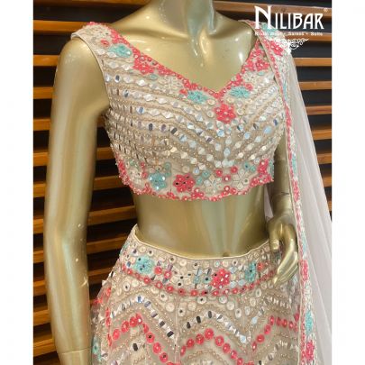 Cream White Net Lehenga