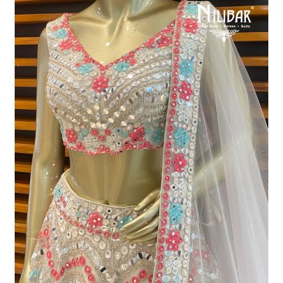 Cream White Net Lehenga