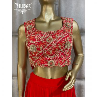 Red Georgette Crop Top Indo Western Suit