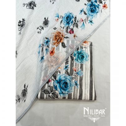 White and Blue Kota Cotton Unstitched Suit