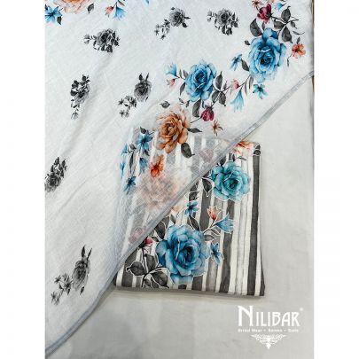 White and Blue Kota Cotton Unstitched Suit
