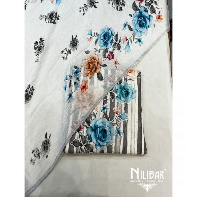 White and Blue Kota Cotton Unstitched Suit
