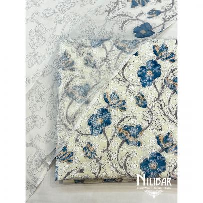 Off White and Navy Cotton Unstitched Suit