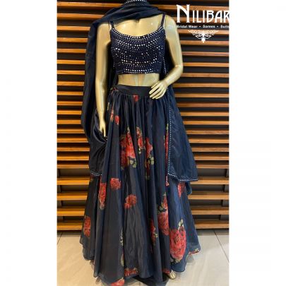 Berry Blue Organza Lehenga
