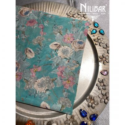 Blue Cotton Floral Printed Unstitched Suit.