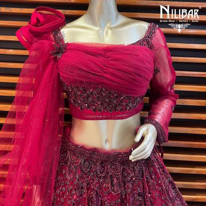 Wine Red Net Engagement Lehenga
