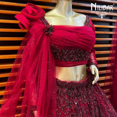 Wine Red Net Engagement Lehenga