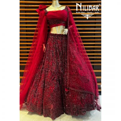 Wine Red Net Engagement Lehenga