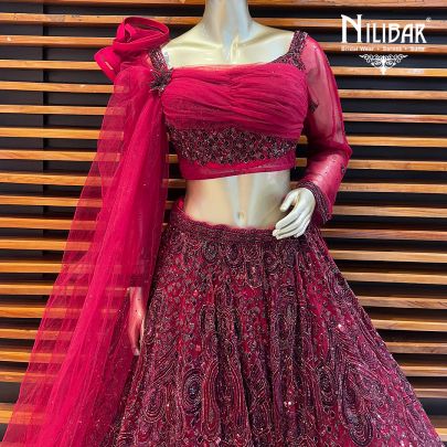 Wine Red Net Engagement Lehenga