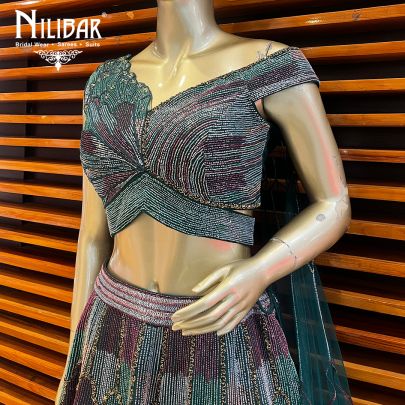 Bottle Green Silk and Net Engagement Lehenga