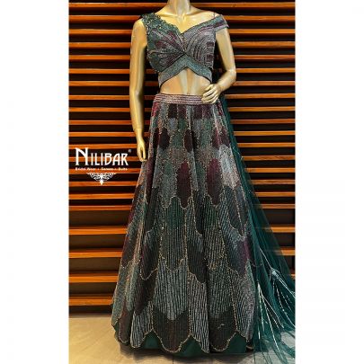 Bottle Green Silk and Net Engagement Lehenga