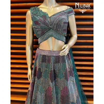 Bottle Green Silk and Net Engagement Lehenga