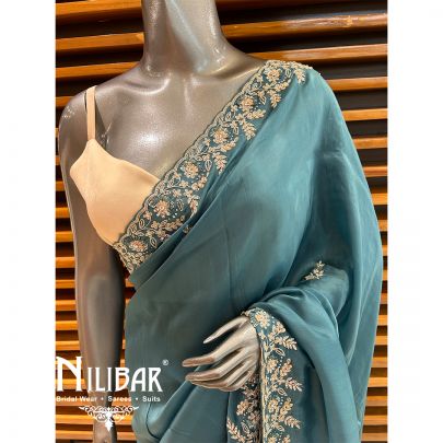 Peacock Blue Satin Pearl Saree