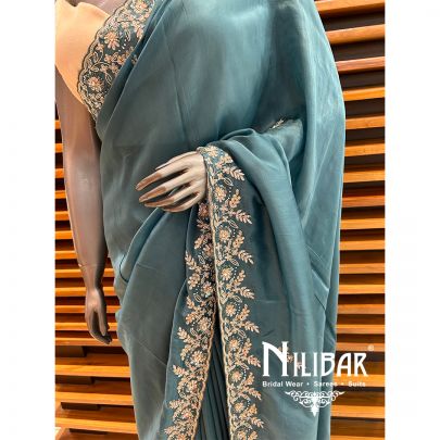 Peacock Blue Satin Pearl Saree