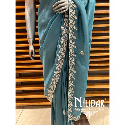Peacock Blue Satin Pearl Saree