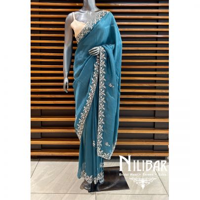 Peacock Blue Satin Pearl Saree