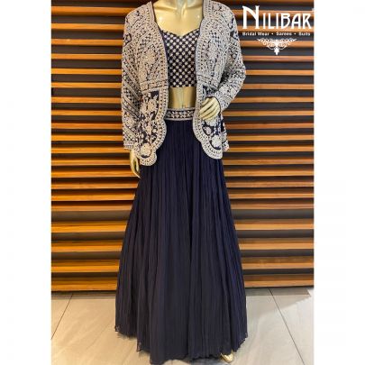 Navy Blue Chinon Jacket Style Lehenga