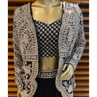 Navy Blue Chinon Jacket Style Lehenga