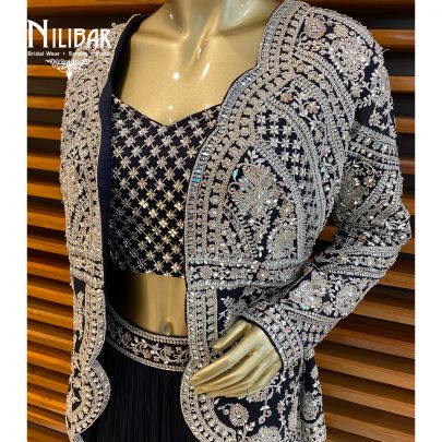 Navy Blue Chinon Jacket Style Lehenga