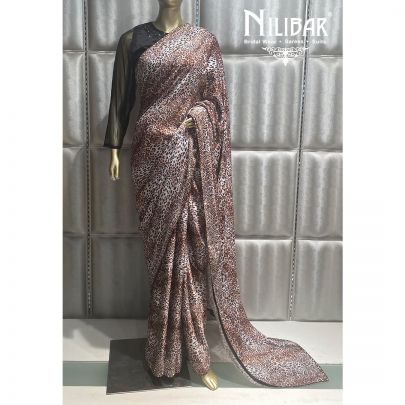 Beige and Brown Crepe Printed Saree