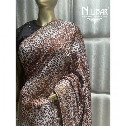Beige and Brown Crepe Printed Saree
