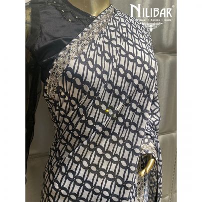 Black and White Crepe Printed Saree