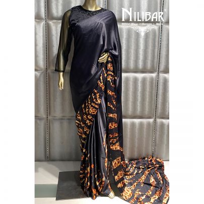 Oil Black Satin Printed Saree 