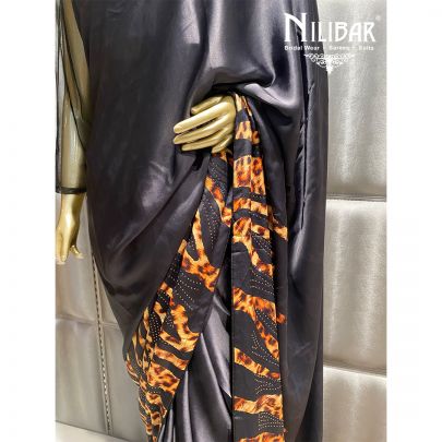Oil Black Satin Printed Saree 