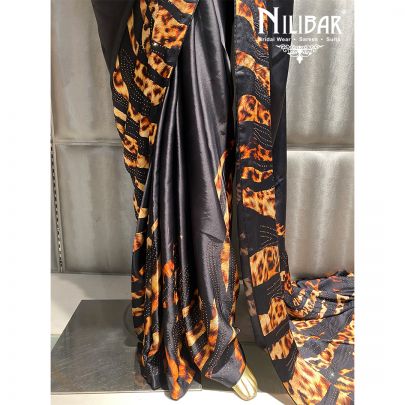 Oil Black Satin Printed Saree 