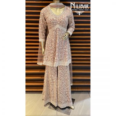 Pastel Peach Net and Georgette Garara Suit