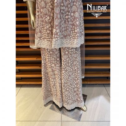 Pastel Peach Net and Georgette Garara Suit