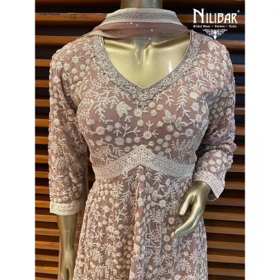 Pastel Peach Net and Georgette Garara Suit