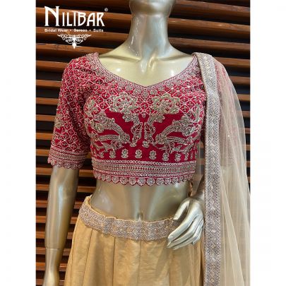 Cherry Red and Golden Silk Contrast Lehenga