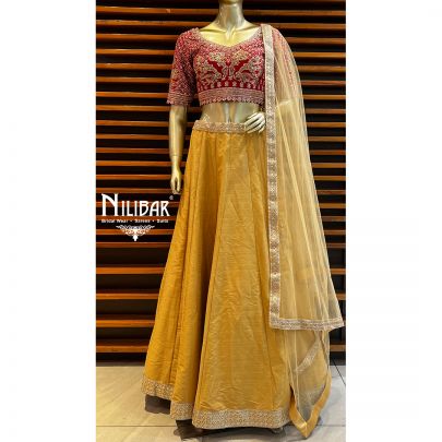 Cherry Red and Golden Silk Contrast Lehenga