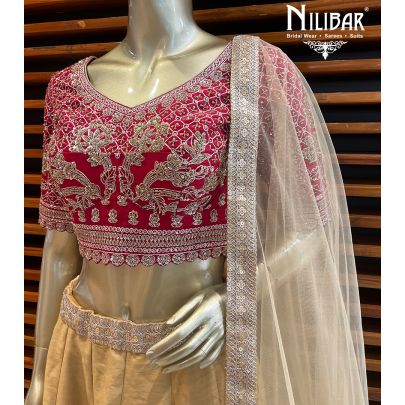 Cherry Red and Golden Silk Contrast Lehenga