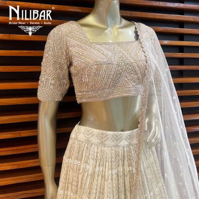 Cream and Brown Effect Net Lehenga