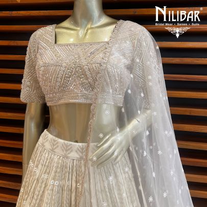 Cream and Brown Effect Net Lehenga