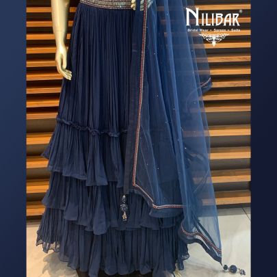 Peacock Blue Georgette Wrinkled Lehenga