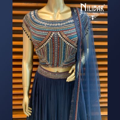 Peacock Blue Georgette Wrinkled Lehenga