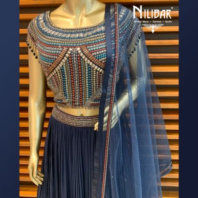 Peacock Blue Georgette Wrinkled Lehenga