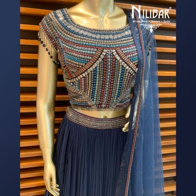 Peacock Blue Georgette Wrinkled Lehenga