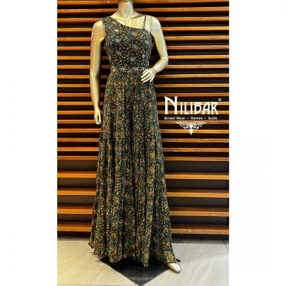 Bottle Green Georgette Printed Jumpsuit