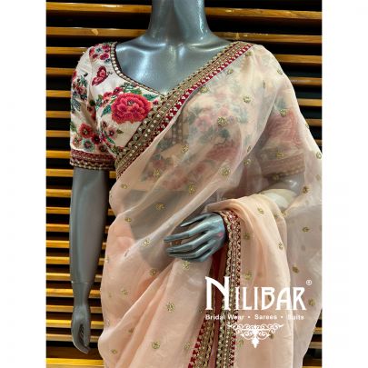 Peach Organza Embroidered Saree