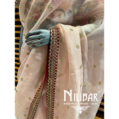 Peach Organza Embroidered Saree