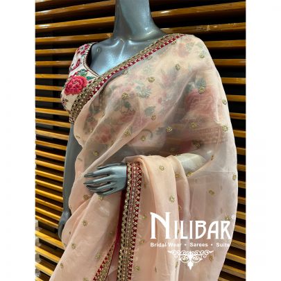 Peach Organza Embroidered Saree