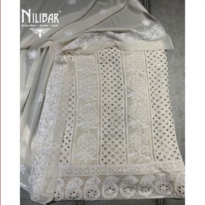 Cream and White Georgette Lucknowi Unstitched Suit